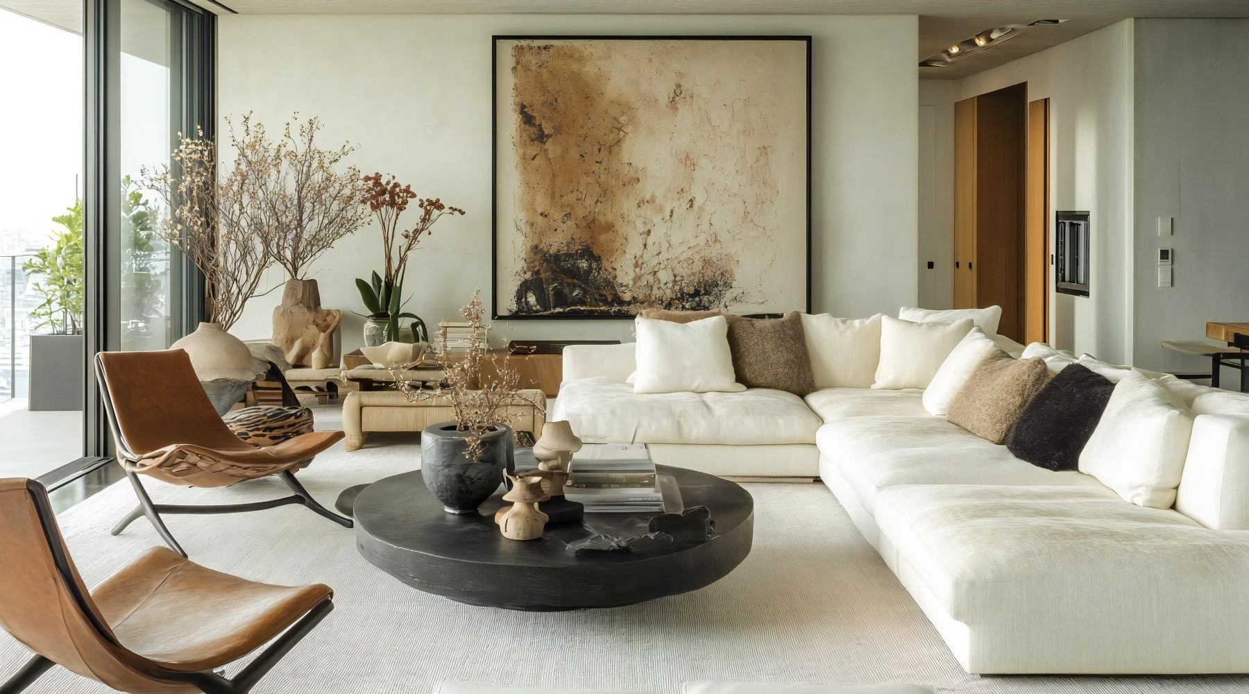 living room with a large window and open spaces