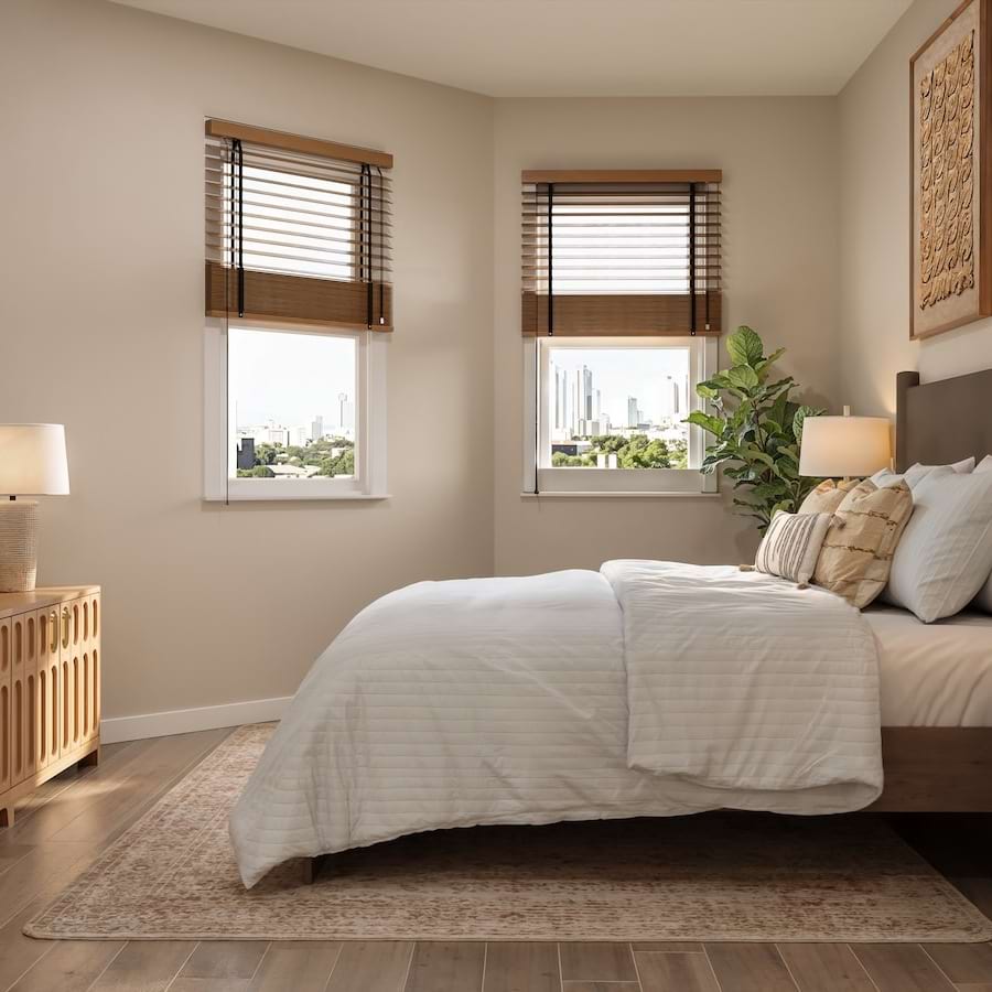 A king size bed and nightstand set with a view