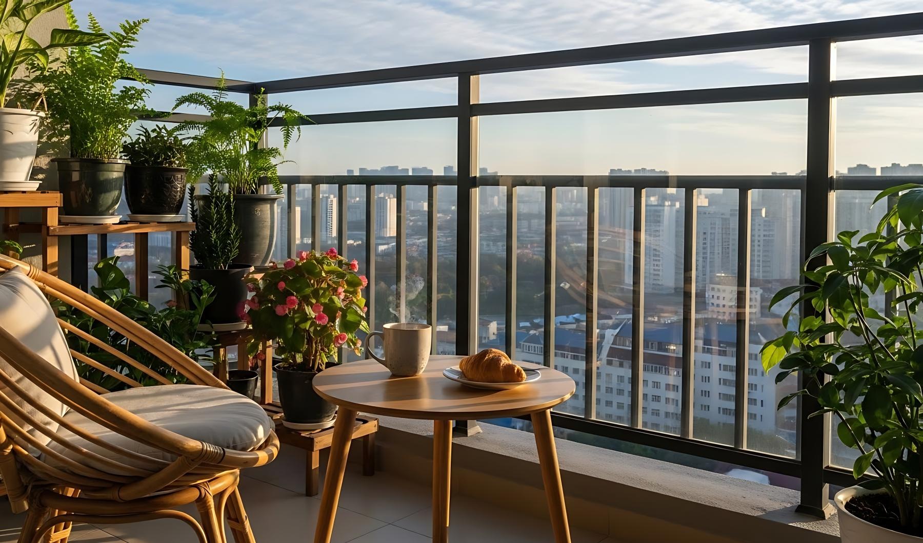 a table and chairs in a room with a window and plants