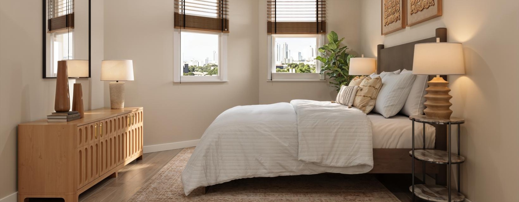 a bedroom with a bed and lamps