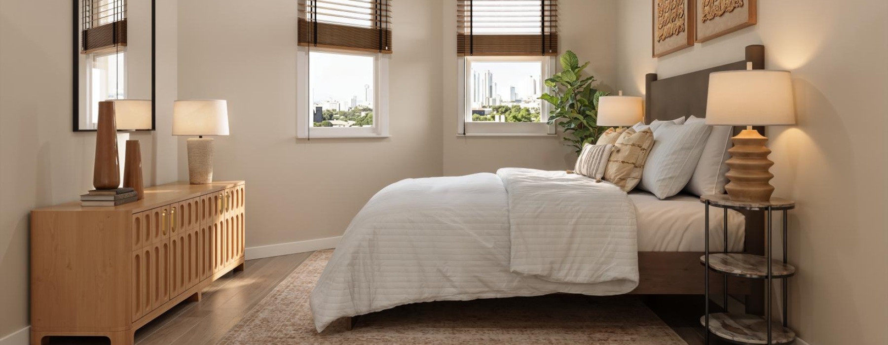 a bedroom with a bed and lamps